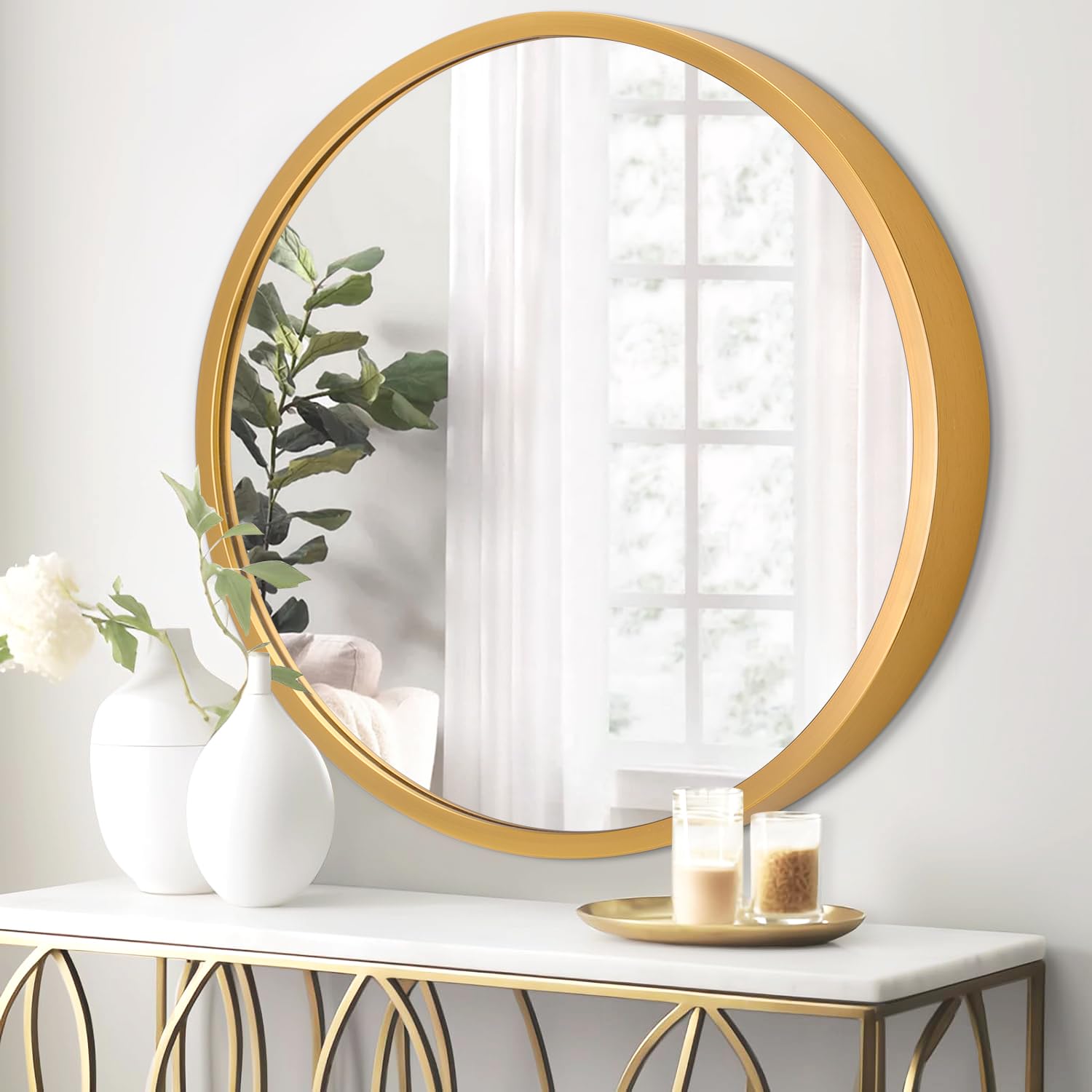 JJUUYOU Circular Wall Mirror Round Mirror for Bathroom Gold Vanity Mirrors Small Decor Circle for Wall Metal Frame Make up Mirrors for Farmhouse Living Room Bedroom Dorm Decorative