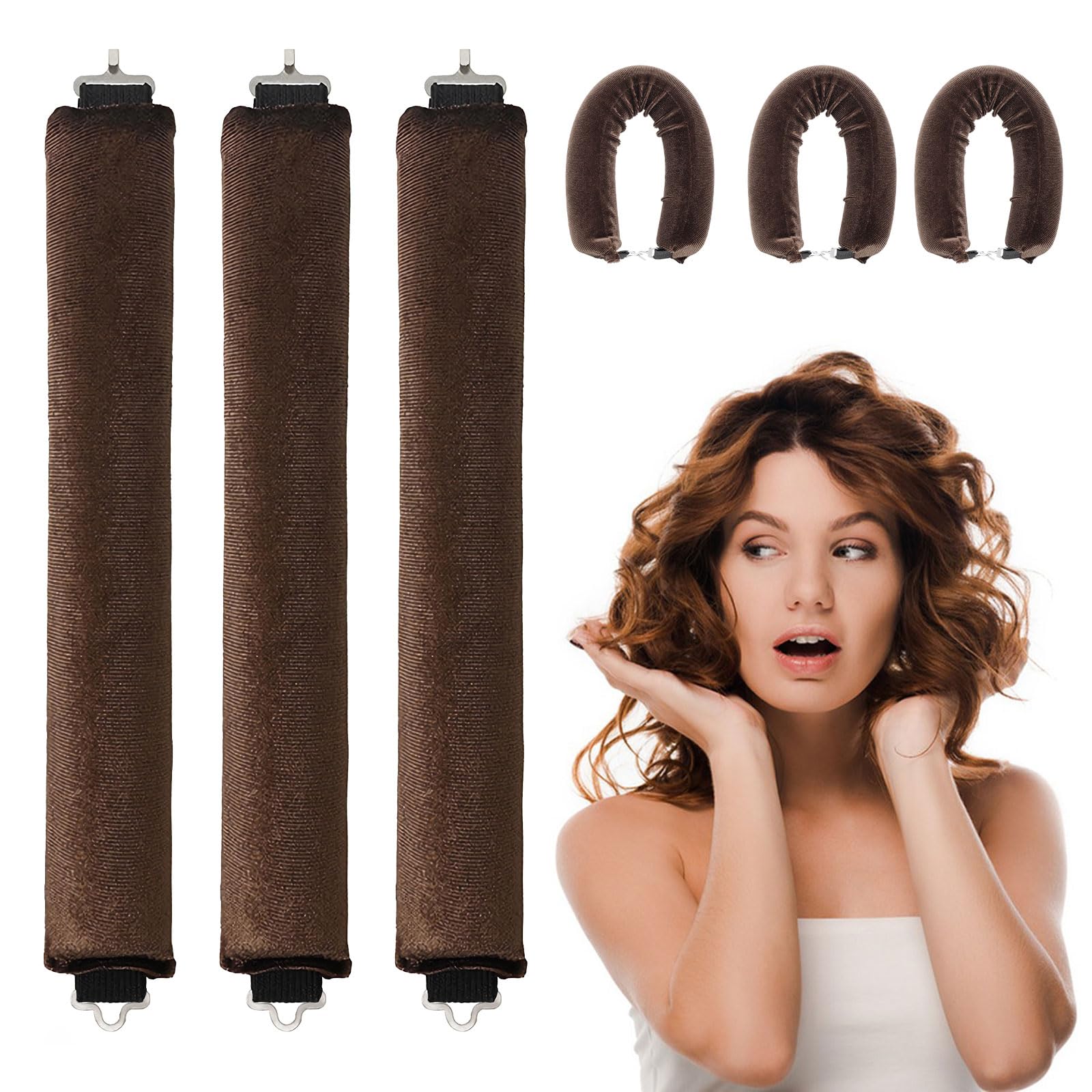 WALLFID 3Pcs Heatless Curlers,Hair Rollers for Long Hair,Hair tools for wavy hair curler styling,Overnight Heatless Hair Curlers,DIY Hair Styling Appliances (Brown)