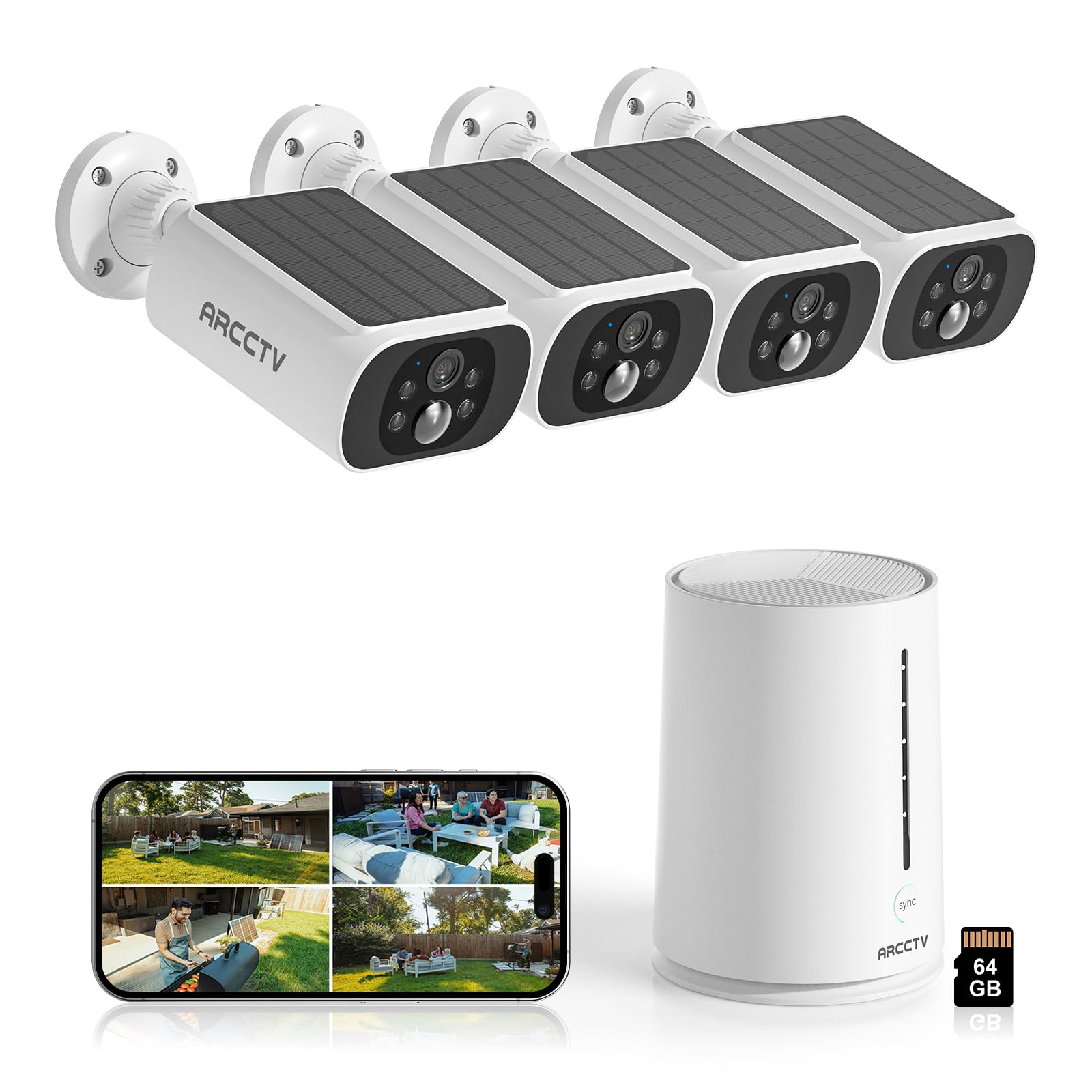 Photo 1 of ARCCTV Solar Security Cameras Wireless Outdoor, No Monthly Fee, 4-Camera Bullet Home Security System with Base Station, 2K Video, Local Storage, PIR Motion Alerts, Color Night Vision, Active Siren