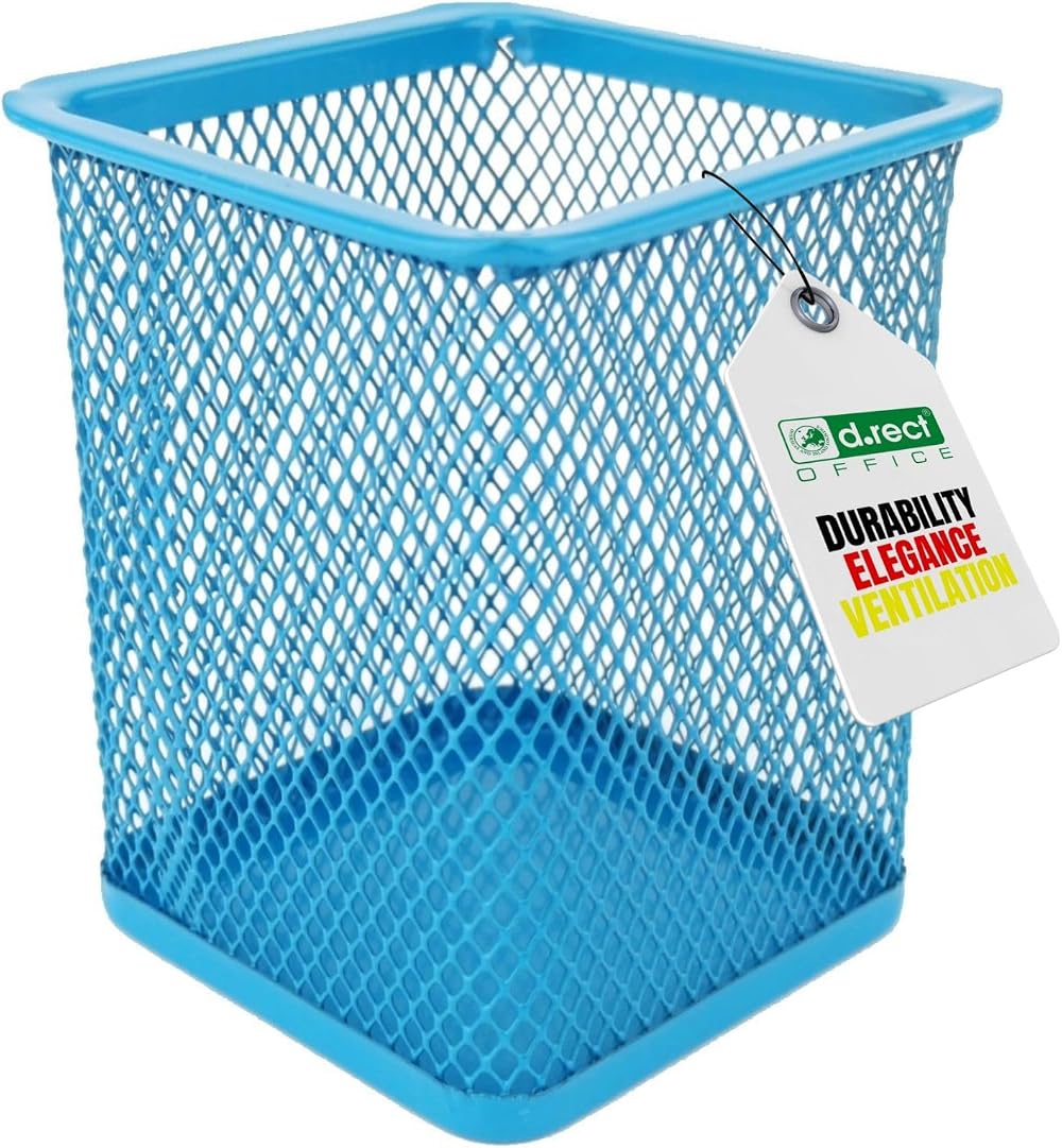 D.RECT Metal Square Pen Holder Cube Mesh Cup Blue 98mm
