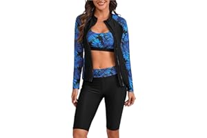 SEAUR Women's 3 Piece Rash Guard Set - UPF 50+ Long Sleeve Zip Front Swim Shirt with Bra & Shorts