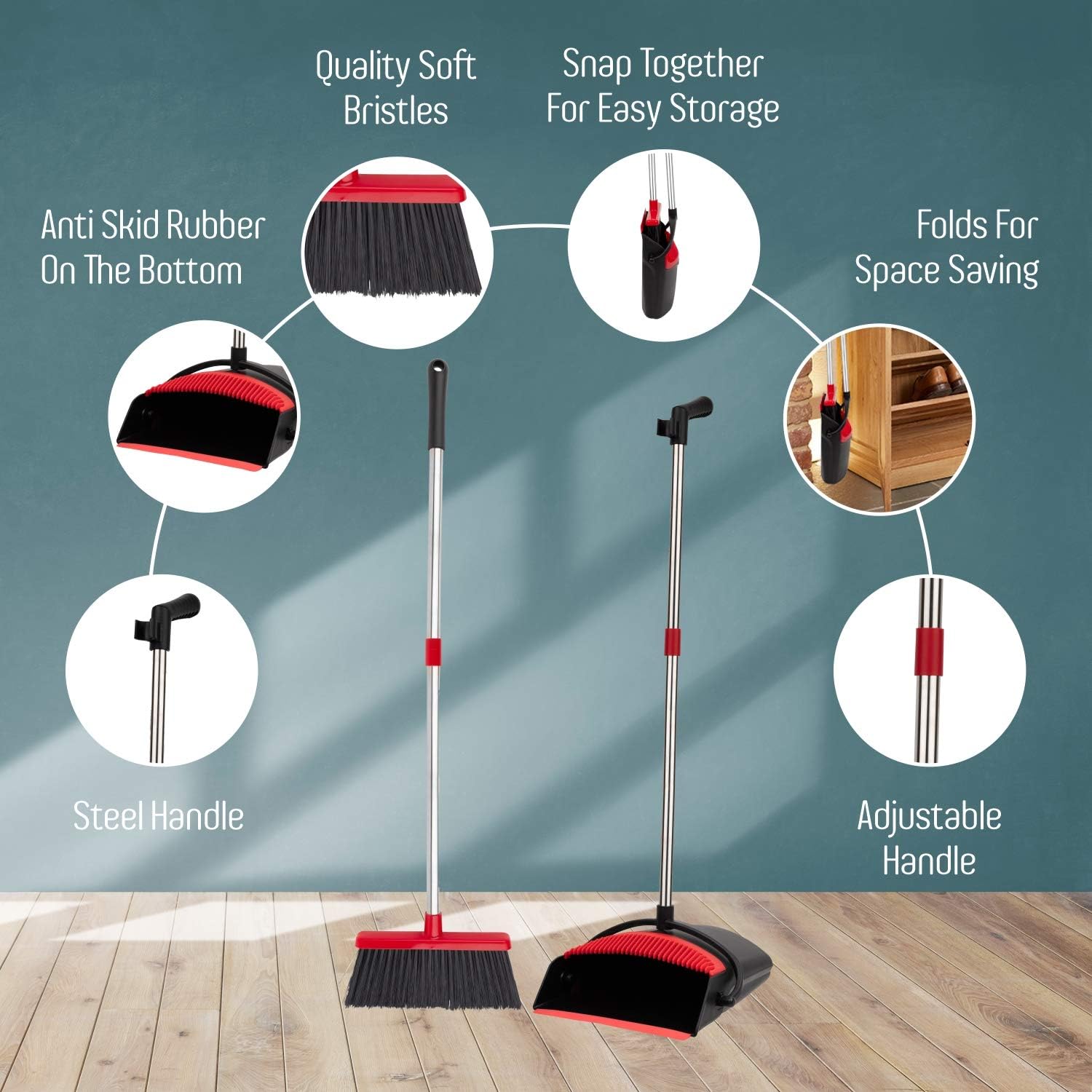 Broom and Dustpan Set - Strongest NO MORE TEARS 80% Heavier Duty - Upright Standing Dust Pan with Extendable Broomstick for Easy Sweeping - Easy Assembly Great Use for Home Kitchen Room Office Lobby: Health & Personal Care