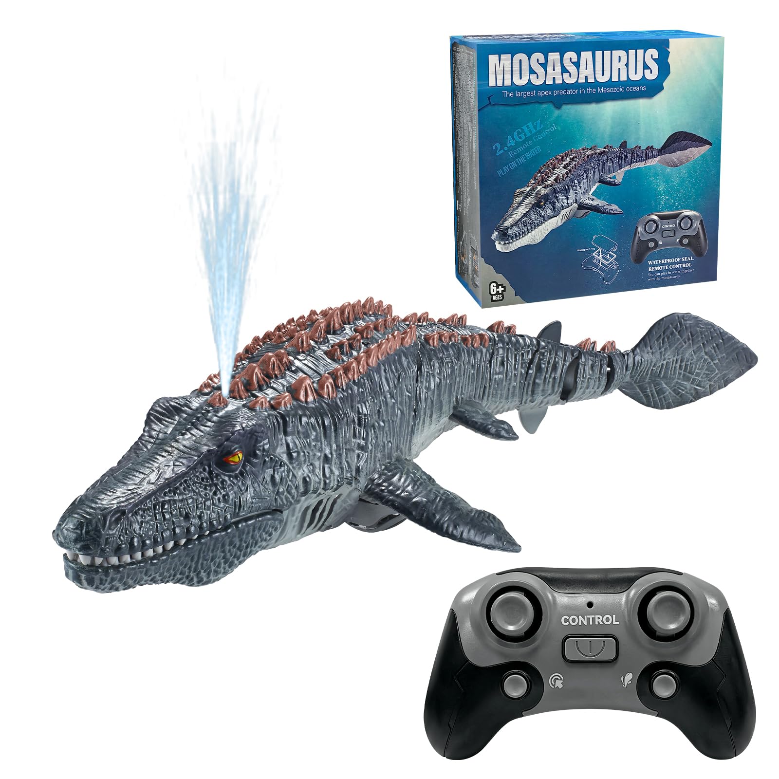YATOSEEN Remote Control Mosasauru Toys for Kids, RC Electric Dinosaur Boat With Spray Water and Indication Light for Swimming Pool Lake Bathroom, Bath Toys (Gray)
