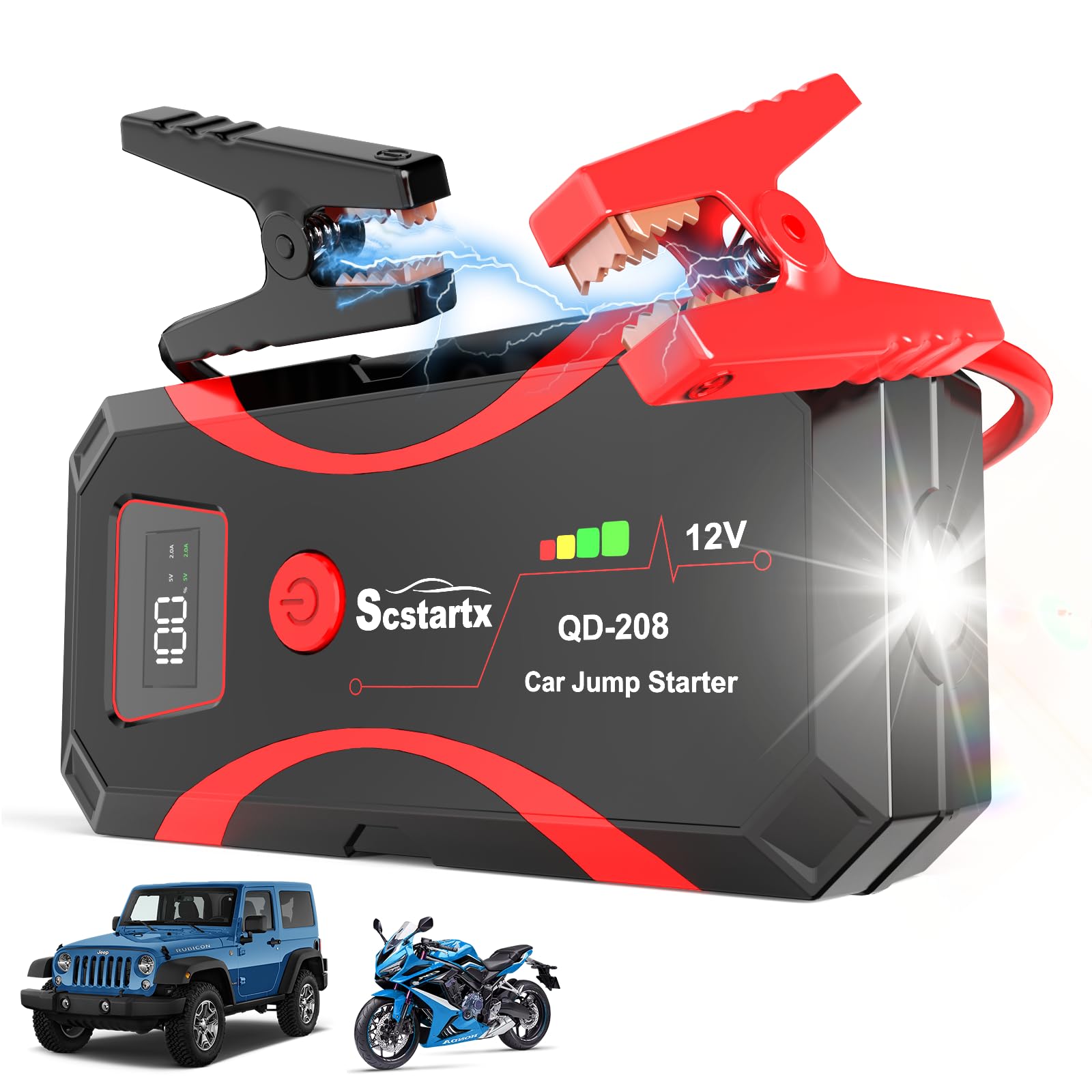 Photo 1 of Scstartx 208 Car Battery Jump Starter, Portable Power Battery Pack 2000A Peak 12V Jump Box for Motorcycle Up to 7L Gas & 4L Diesel 3 Modes Flashlight and Safety Jumper Clamps
