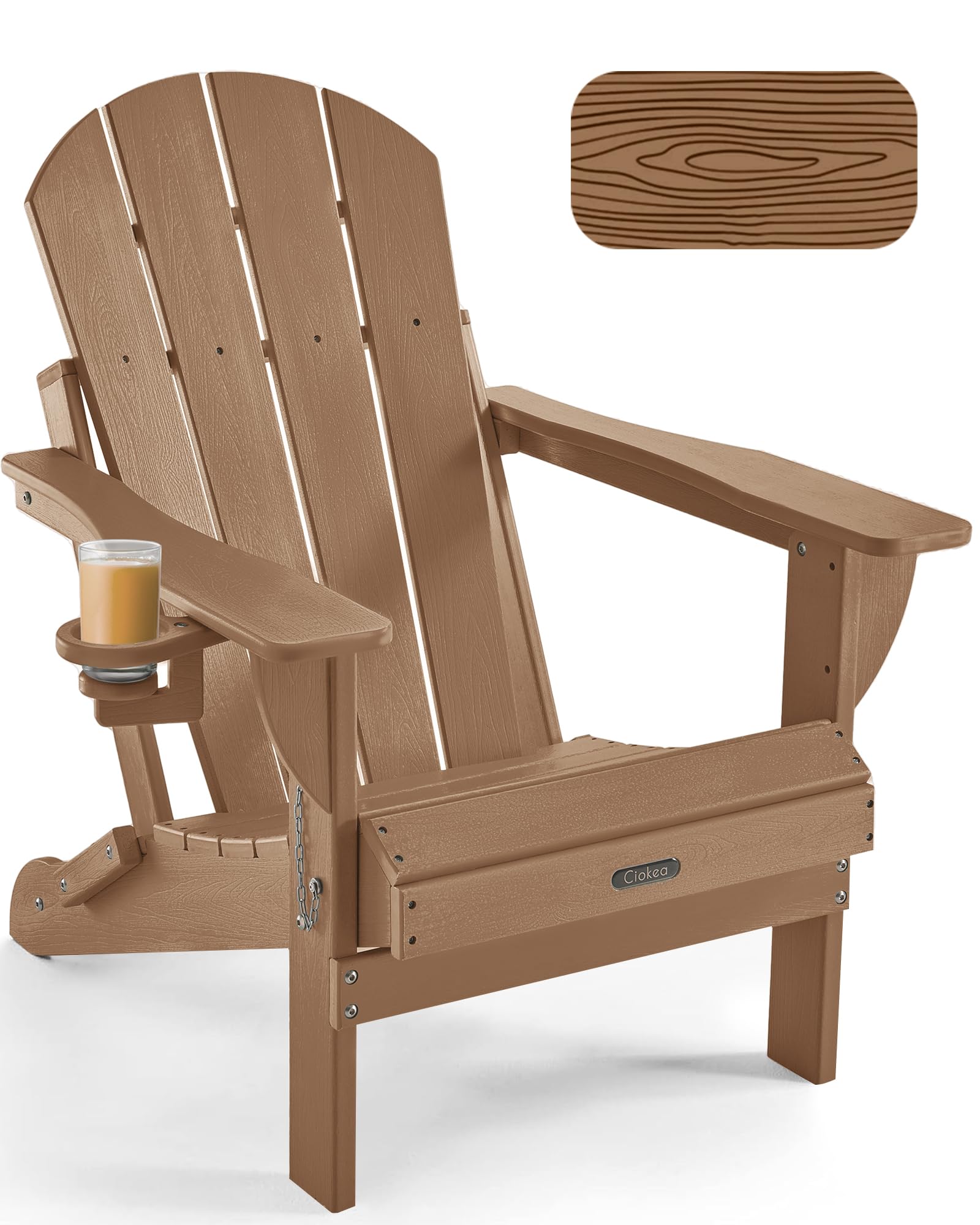 Ciokea Folding Adirondack Chair Wood Texture, Patio Adirondack Chair Weather Resistant, Plastic Fire Pit Chair with Cup Holder, Lawn Chair for Outdoor Porch Garden Backyard Deck (Teak) Image