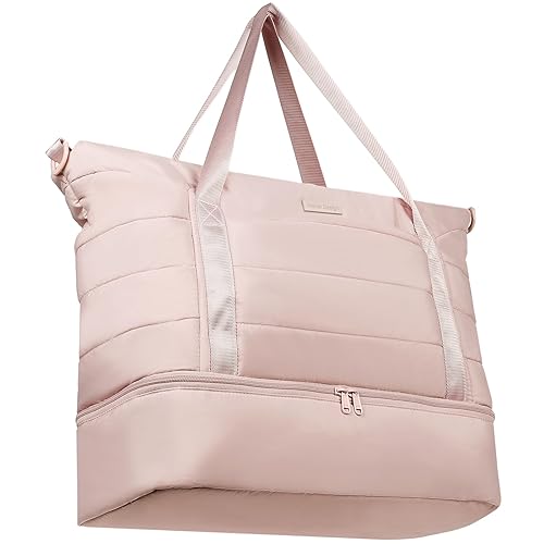 NISHEL Double-layer Weekender Bags for Women, Personal Item Duffle Bag with Shoes Compartment, Large Capacity Travel Bag, Overnight Luggage Bag with Pocket, Pink
