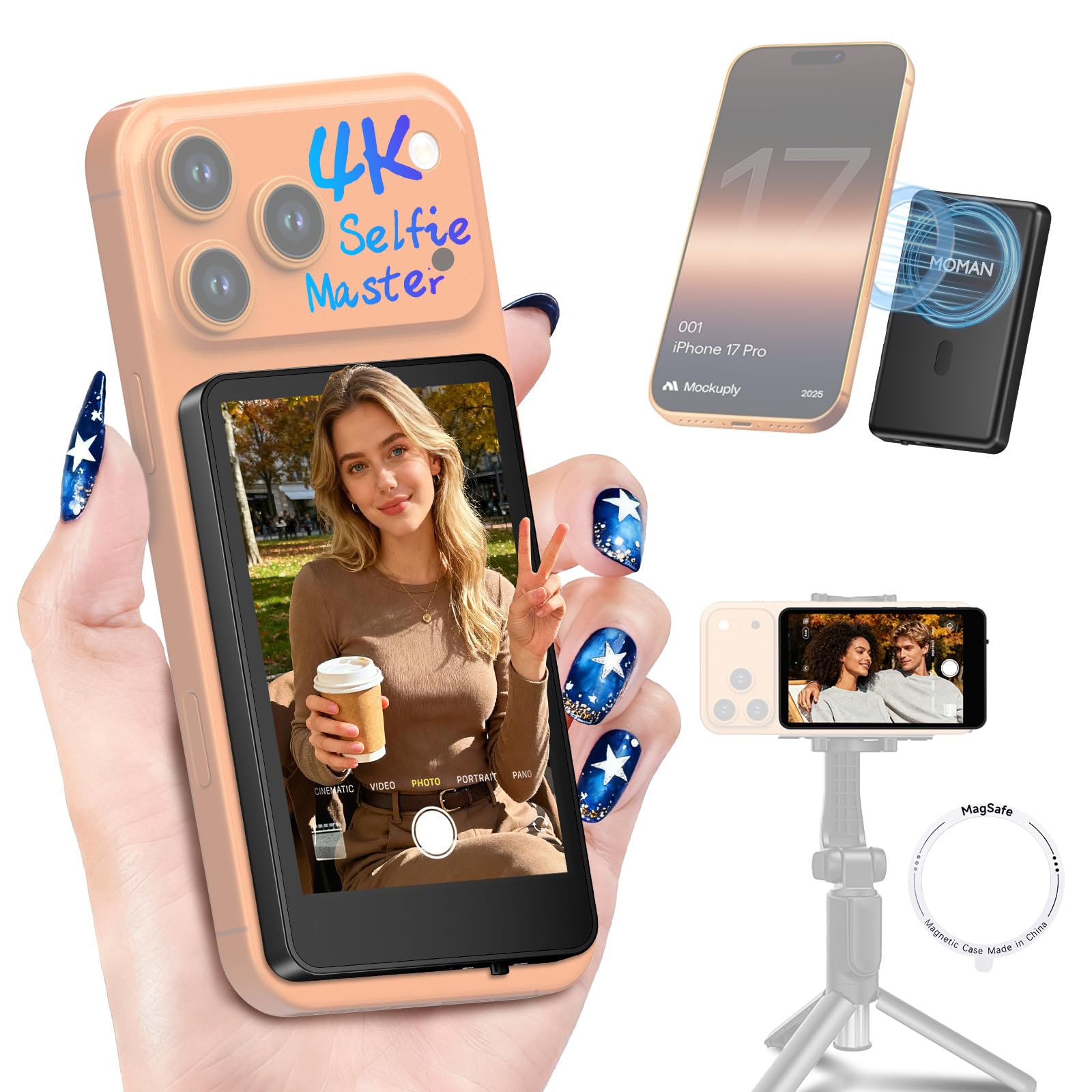 Moman Vlog Selfie Monitor Screen for iPhone 7-17 Series, 4K 60fps & Encrypted Private P2P Wireless, Magnetic Back Camera Monitor, 164 ft Range for TikTok, YouTube, Vlog Photo & Video Kits, Gray