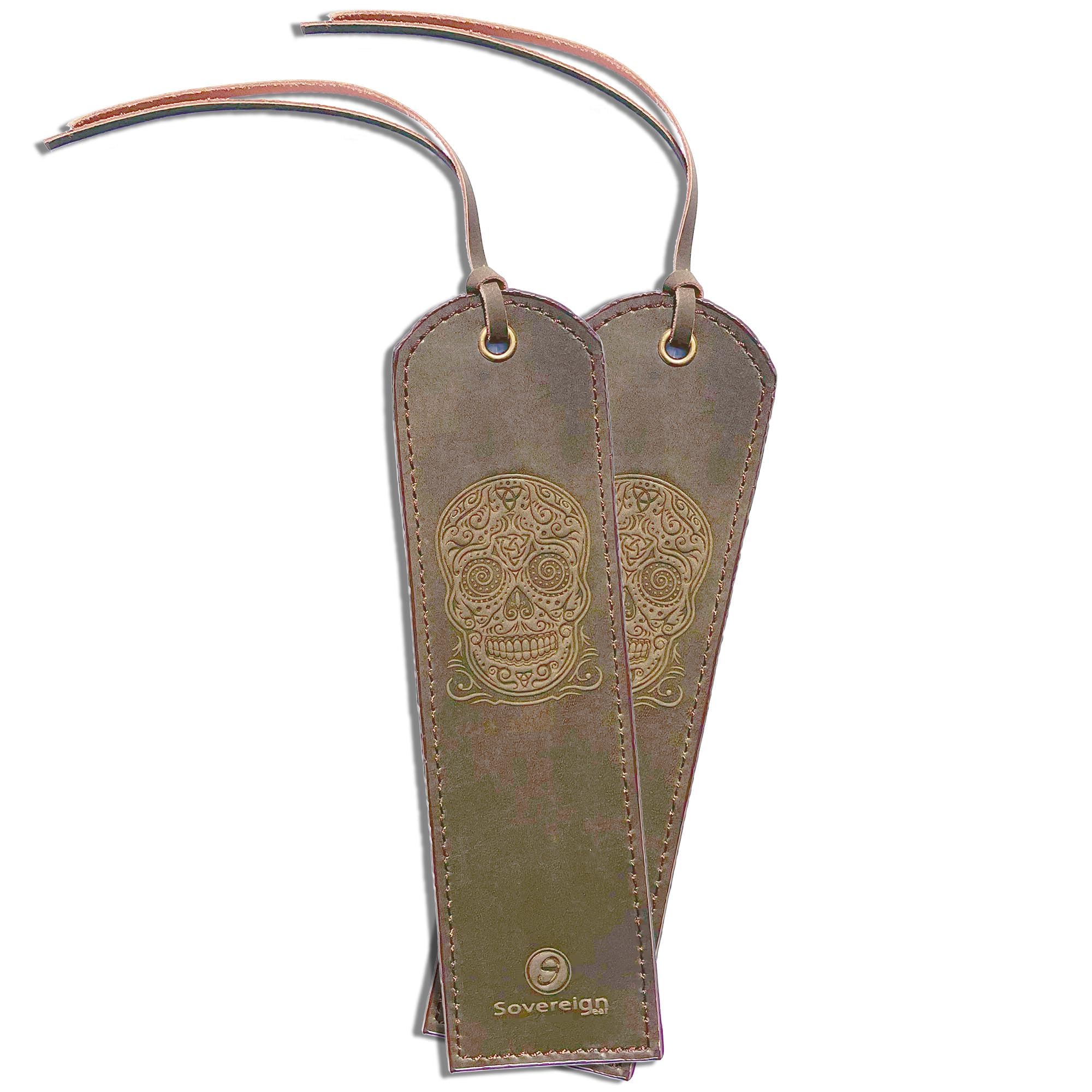 Leather Bookmark Handmade with Sugar Skull Design - 2 Genuine Leather Book Marks for Reading - Unique Bookmarks for Men Women Girls | Gothic Book Lover Gifts for Bookworms Relatives and Friends