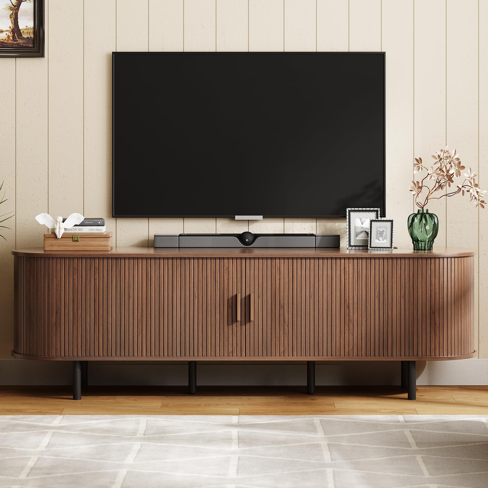 ONBRILL 70.8" TV Stand with Power Outlet & Storage for TVs up to 75” Walnut