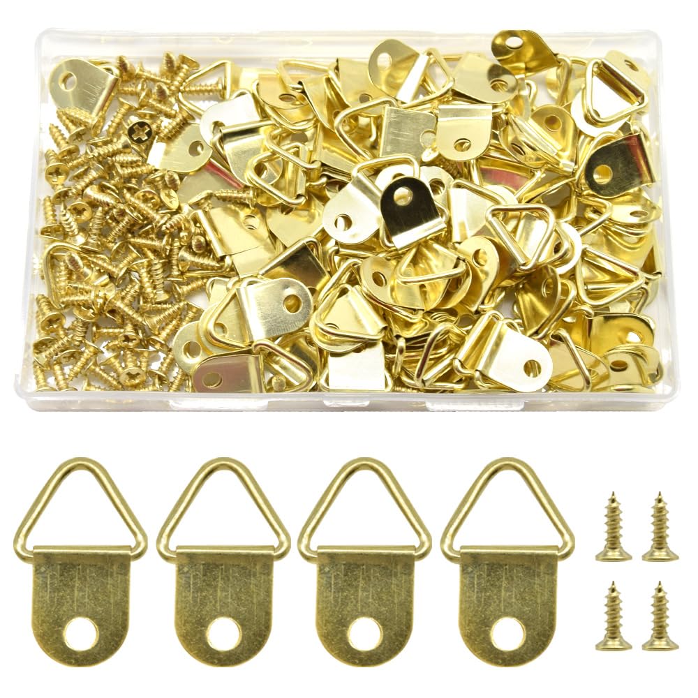 Yosawa 100 Pcs Picture Hooks Triangle Ring Picture Hangers with Screws Picture Frame Hardware（Gold/SJ）