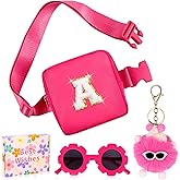WINOWIMO Personalized Mini Fanny Pack for Kids with Sunglasses & Cute Keychain, Small Initial Belt Crossbody Bag Purse for Teen Girls, Birthday Gifts for 3 4 5 6 7 8 9 10 Years Old Kid (A, Rose Pink)
