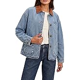 Fnortc Womens Oversized Jeans Jacket Casual Long Sleeve Corduroy Collar Barn Boyfriend Trendy Denim Jacket Coat with Pockets