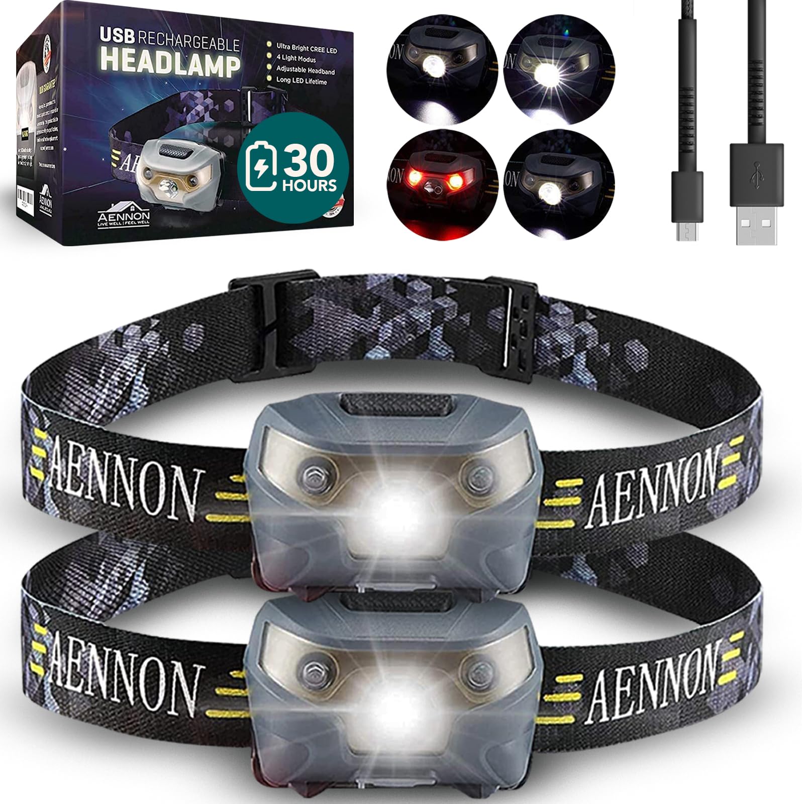AENNON Rechargeable Head Torch (2 Pack) - 220 Lumens -, 30 Hour Battery - LED Waterproof Headlamp for Camping, Running, Hiking - 150m Vision Head Lights for Head