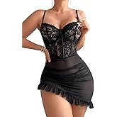 Vkindlux Sexy Ruffle Floral Lace Mesh Sheer Corset Bodycon with Thong 2 Piece Babydoll Lingerie Dress Set