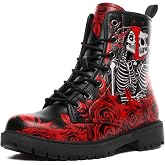 coolcustomize Women's Combat Ankle Boots, Heart Print Fashion Short Booties Rose and Skull Durable Lace-Up Work Boots, Gift For Her Lover