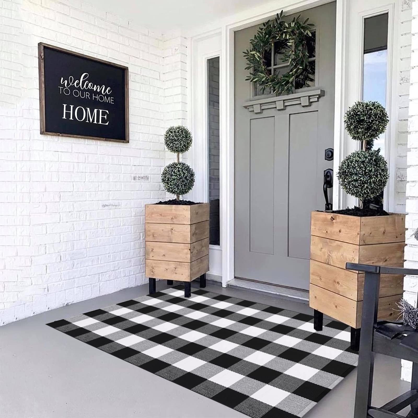 Photo 1 of MUBIN Cotton Buffalo Plaid Rug, 3x5 Black and White Check Outdoor Rug Front Door Decorative Mat, Hand-Woven Reversible Foldable Rug for Layered Door Mats Washable Carpet for Front Porch, Entryway