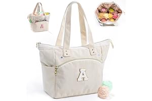 MYBAGZING Initial Personalized Crochet Bag Tote - Corduroy Yarn Bag Storage - Yarn Holder for Crocheting - Crochet Organizer for Crochet Hooks, Crochet Accessories,Project Bag Knitting Bag Crochet Lover Gift