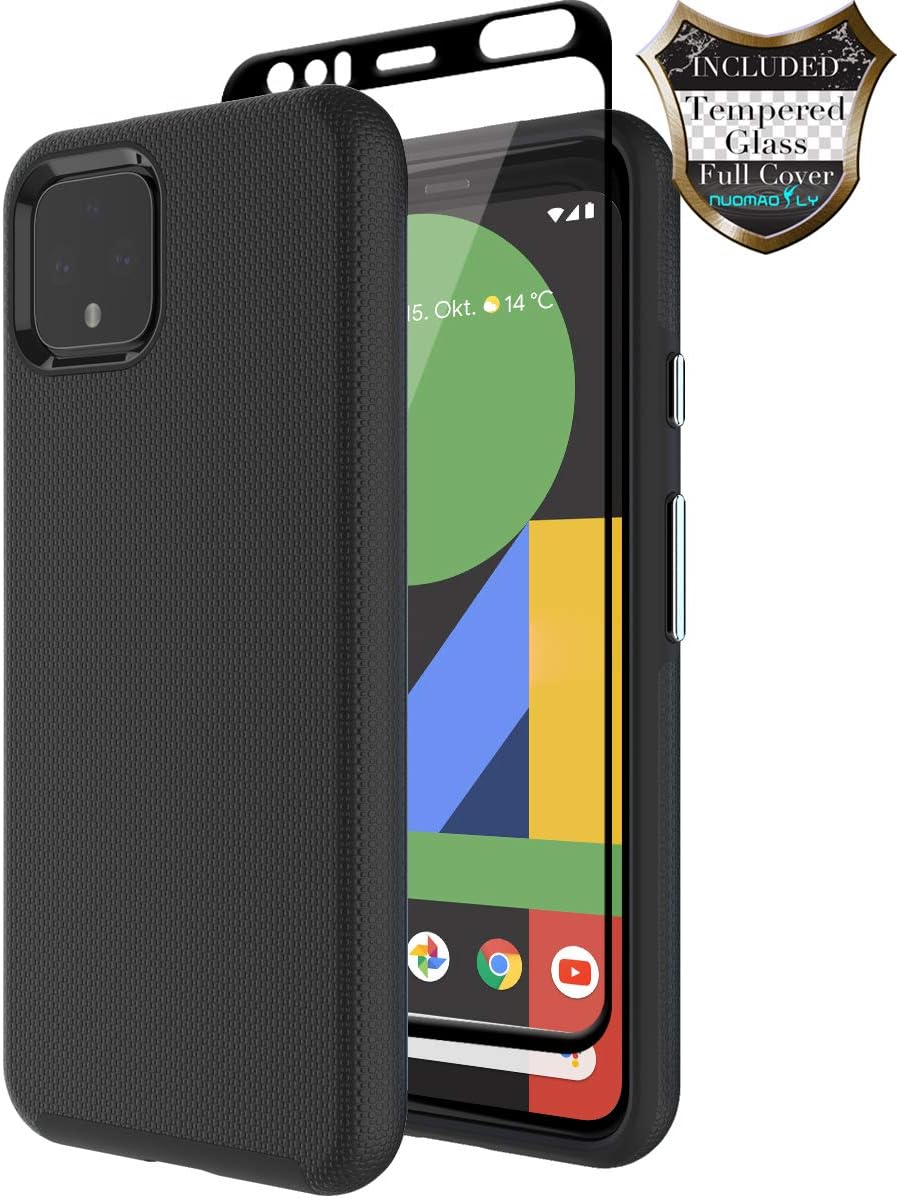 Google Pixel 4 Case with [Tempered Glass Screen Protector], Nuomaofly Anti-Slip Hard Silicone Textured Shell Back Cover with Armor Durable Protection for Google Pixel 4 (Black)