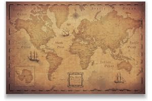 Conquest Maps World Travel Map Golden Aged Style Push Pin Travel Map Cork Board, Track Your Travels Pinable Canvas Map with Cork Backing, Internal Framed (48 x 32 Inches (Single Panel))