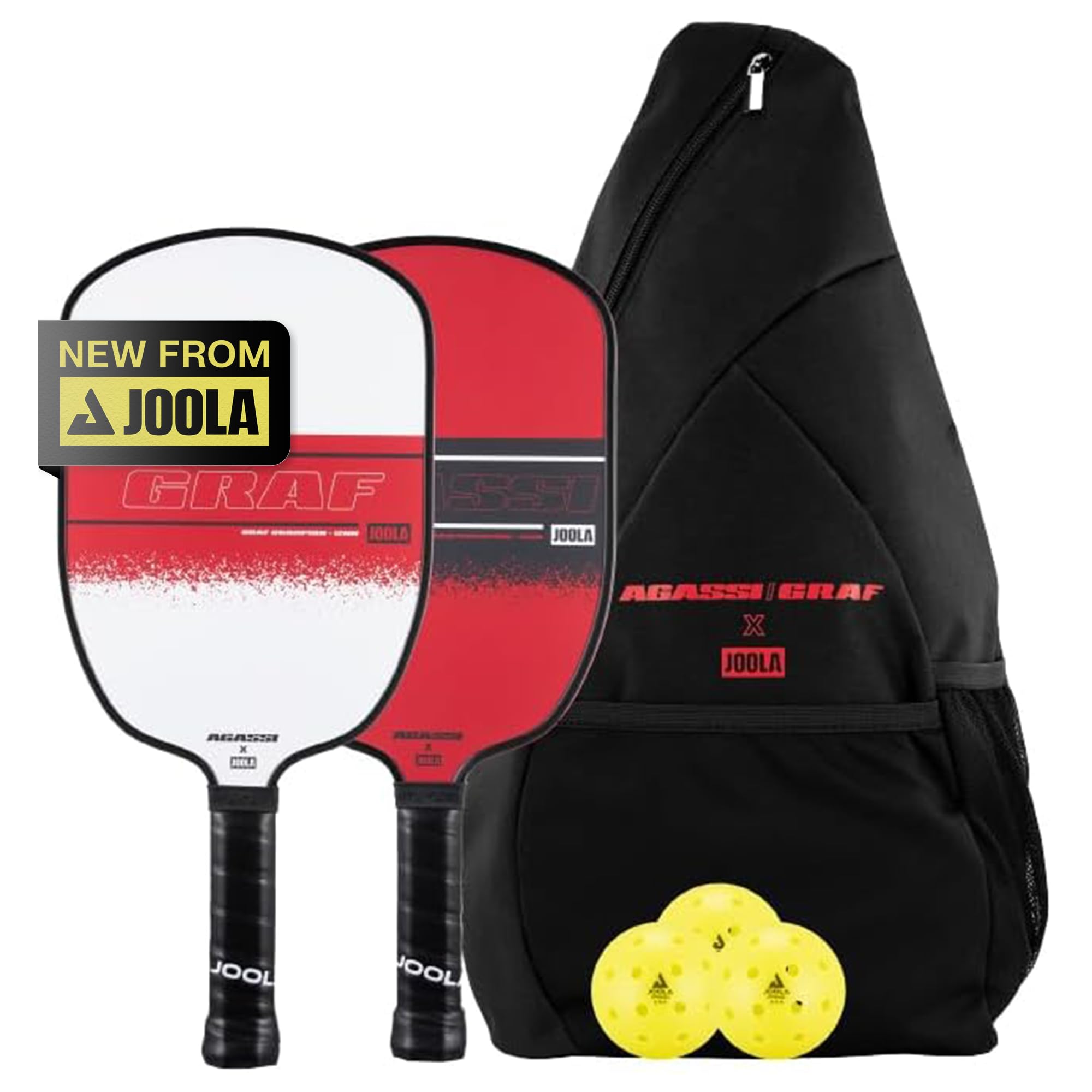 JOOLA Agassi/GRAF Champion Set with Pickleball Paddles, Balls & Sling Bag – Sandblasted Pickleball Racket – Agassi Shape with Extended Sweet Spot – UPA-A Certified – USAP Approved – NFC Chip Enabled