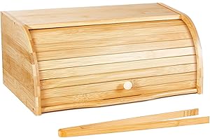 Bamboo Bread Box/Bread Bin with Free Bamboo Tong, Keep Bread and Bake Food Fresh, Ideal for Kitchen Countertop Food Storage