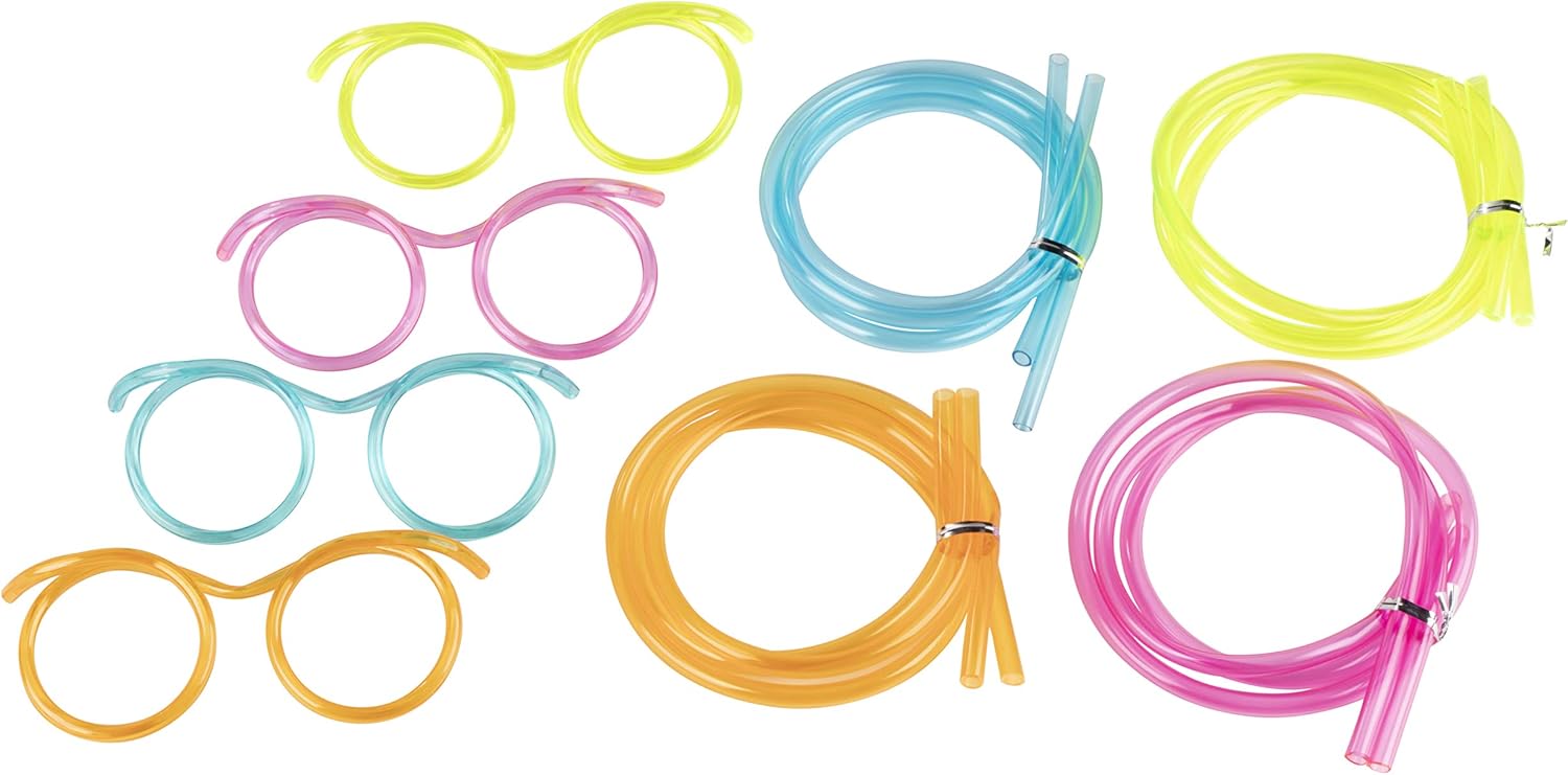 Silly Straw Glasses - 12-Pack Flexible Drinking Straw Novelty Eyeglass Frame, Bar Accessories, for Birthdays, Bridal Showers, Party Supplies, Favors, Game Ideas, 4 Assorted Colors