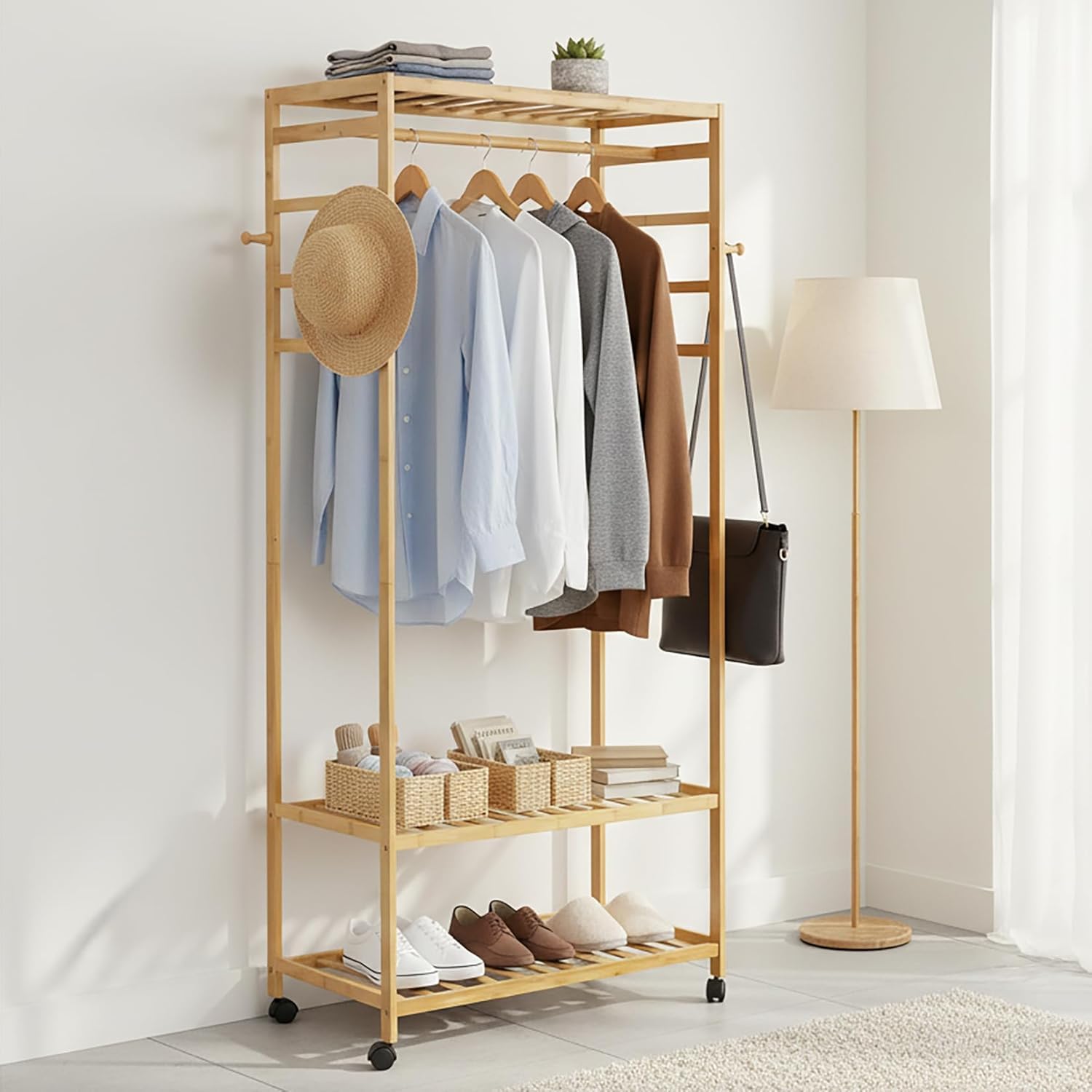 unho Bamboo Clothes Rail Open Wardrobe with Shelves, Rolling Clothing Rack with Hooks & Large Storage, Natural