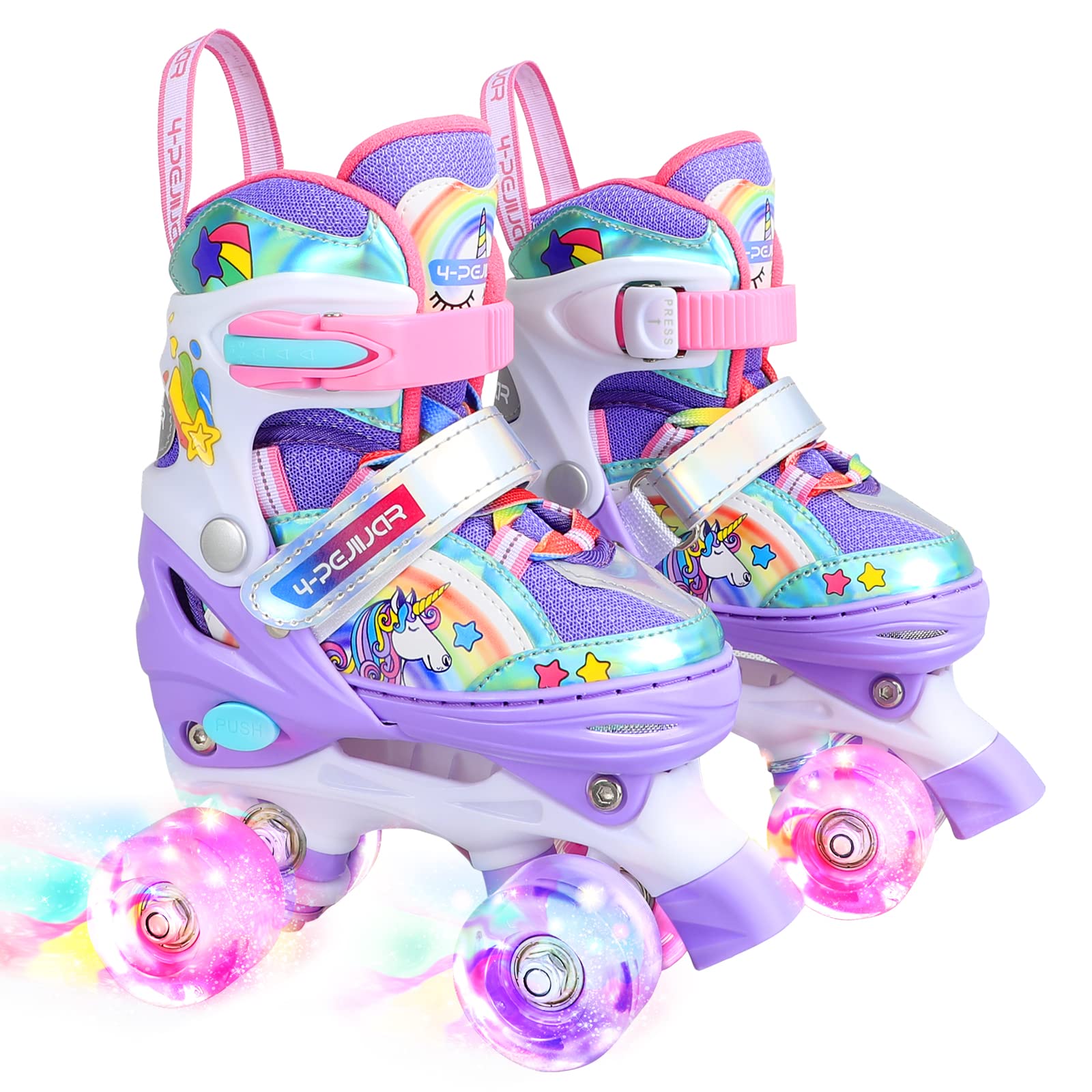Rainbow Unicorn Kids Roller Skates for Girls Boys Toddler Ages 8-12,4-Pejiijar Adjustable Roller Shoes with Luminous Wheels for Birthday Xmas Gifts. Image