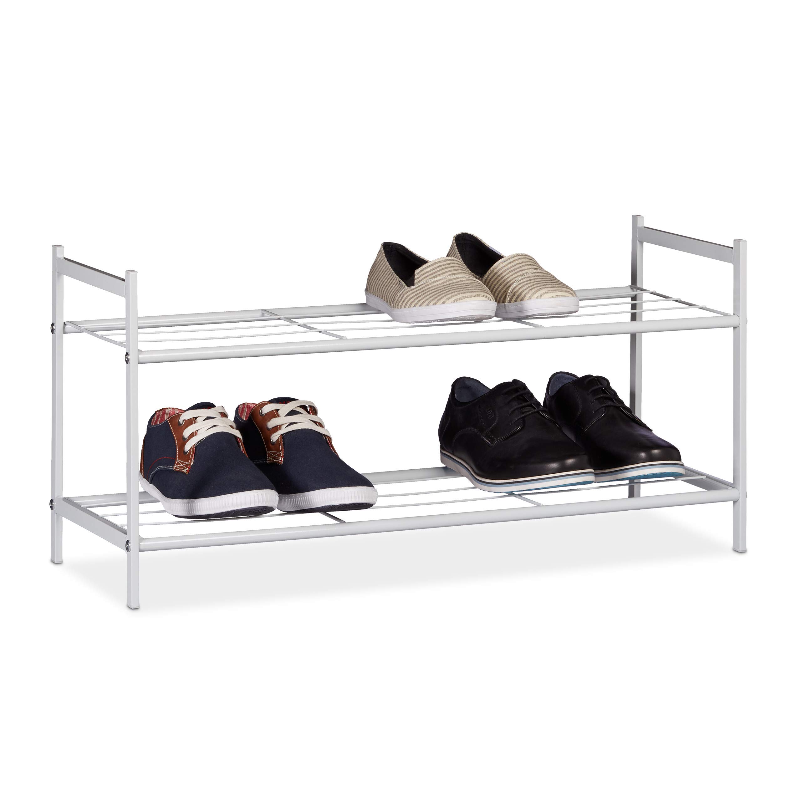 Relaxdays Shoe Rack SANDRA 2 Shelves, Metal Storage Unit, 33.5 x 69.5 x 26 cm, 6 Pairs of Shoes, White