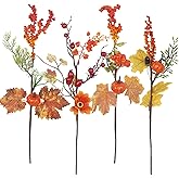 GhuaH 4 Pcs Artificial Fall Flowers for Decoration Fall Floral Picks Pumpkins Berries Maple Leaves Silk Mums Branches Floral Stems Bouquet for Autumn Harvest Vase Flower Arrangements Table Wedding