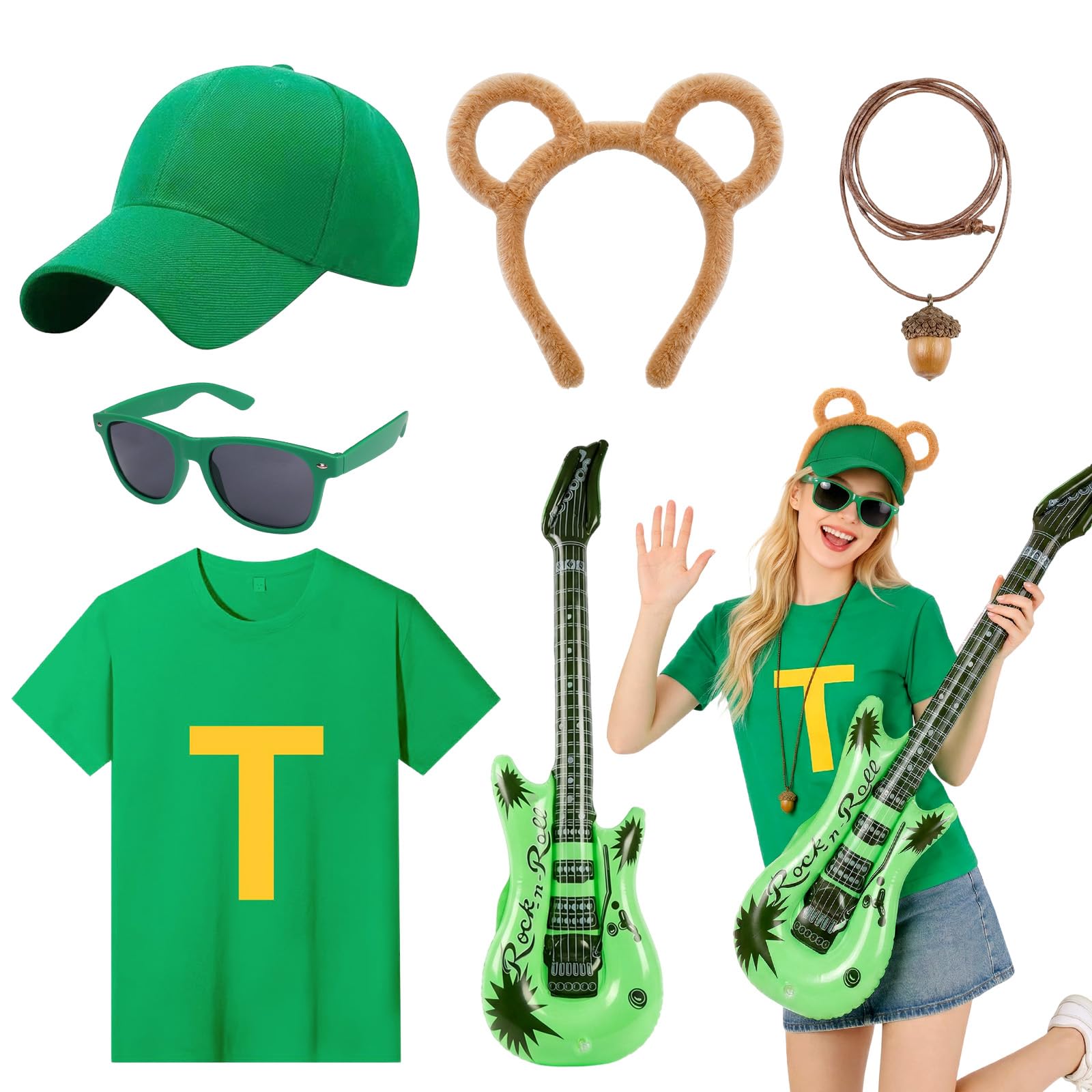 6Pcs Chipmunks Costume Set for Adults, Chipmunk Fancy Dress Set with T-Shirt Baseball Cap Chipmunk Ears Headband Glasses Acorn Necklace Inflatable Guitar for World Book Day, Halloween, Cosplay Party
