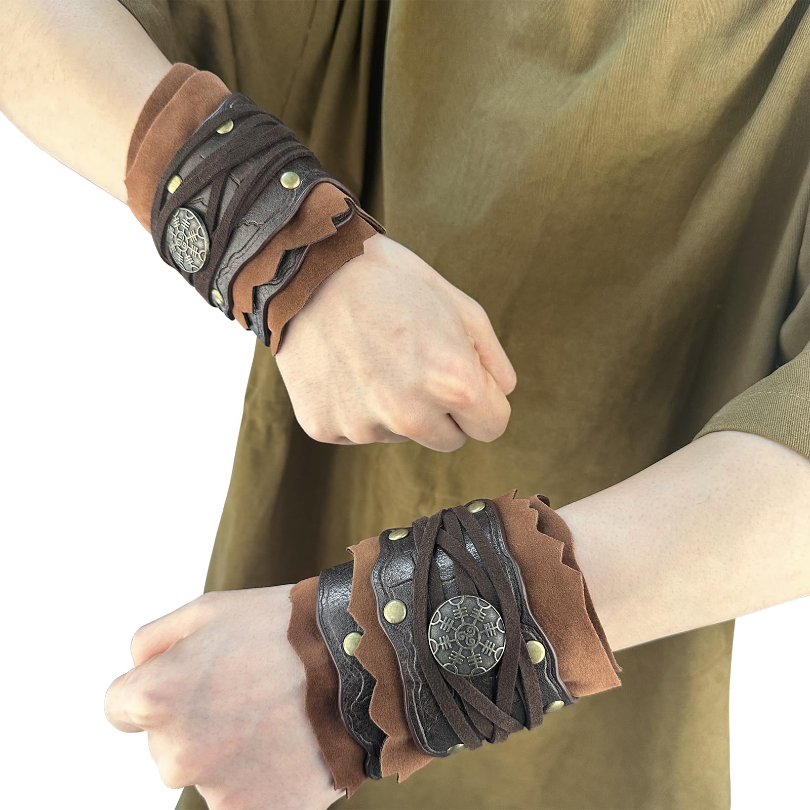 HiiFeuer Medieval Suede Arm Wraps, Renaissance Faux Leather Bracers, Viking Wrist Band Archery Arm Guards Knight Gauntlets (Brown B)
