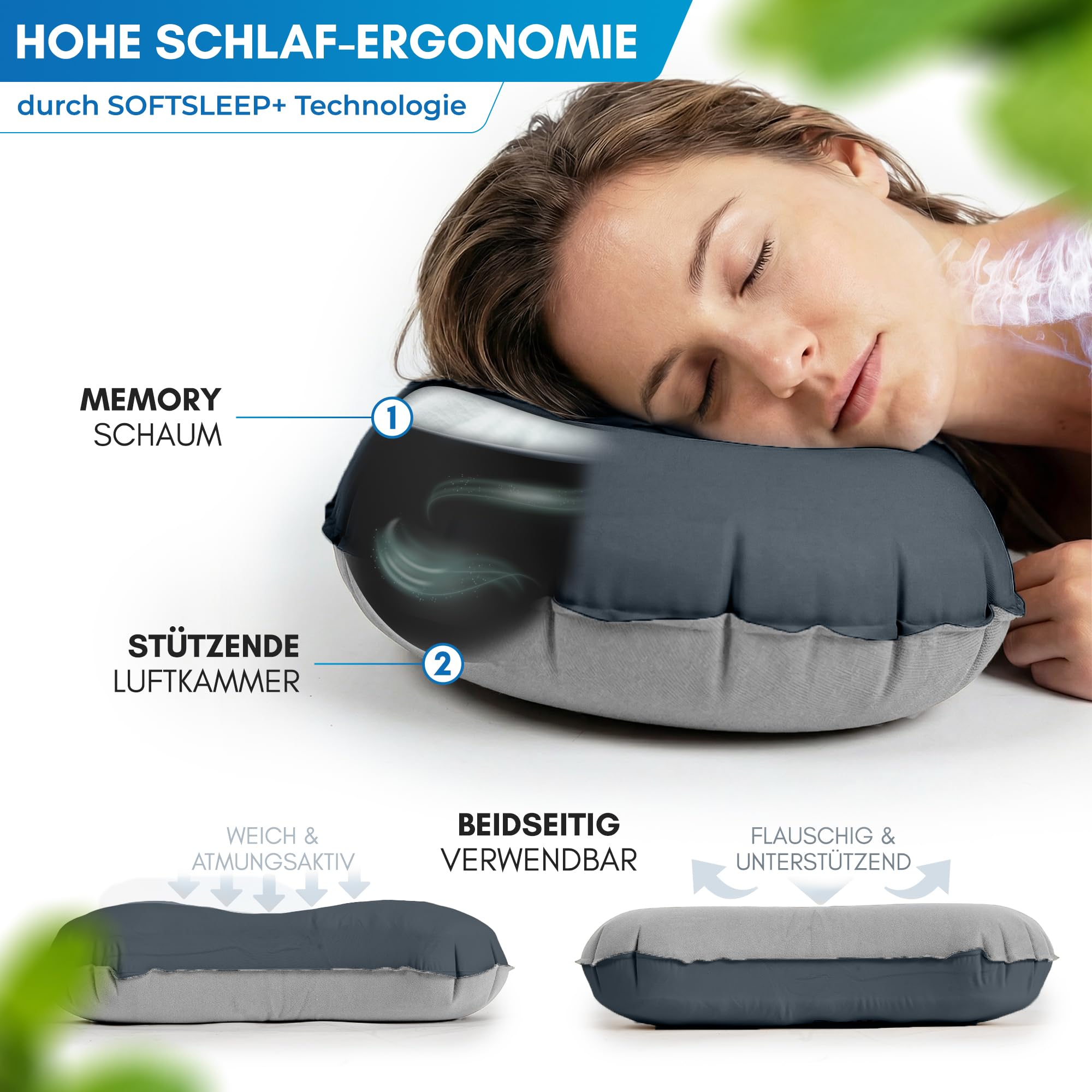 NORDMUT® Campingkissen aufblasbar [SoftSleep+] Komfortables Kissen Ultraleicht mit kleinem Packmaß – Reisekissen aufblasbar inkl. waschbarem Kissenbezug (Schwarz) 3