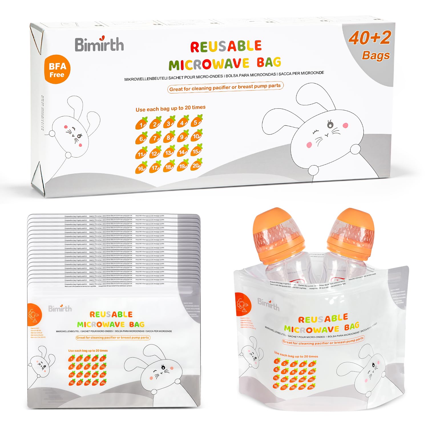 Bimirth Microwave Steriliser Bags, Steam Steriliser Bags, Pack of 42 Reusable, Cleaning Baby Bottles, Pacifier, Teethers & Training Cups, 20 Uses Per Bag, Only 3 Minutes, Marking System, Chemical Free