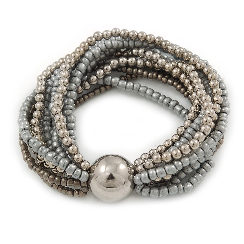 Avalaya Multistrand Glass and Plastic Bead Flex Bracelet with a Ball (Silver/Grey/Hematite) - 18cm L