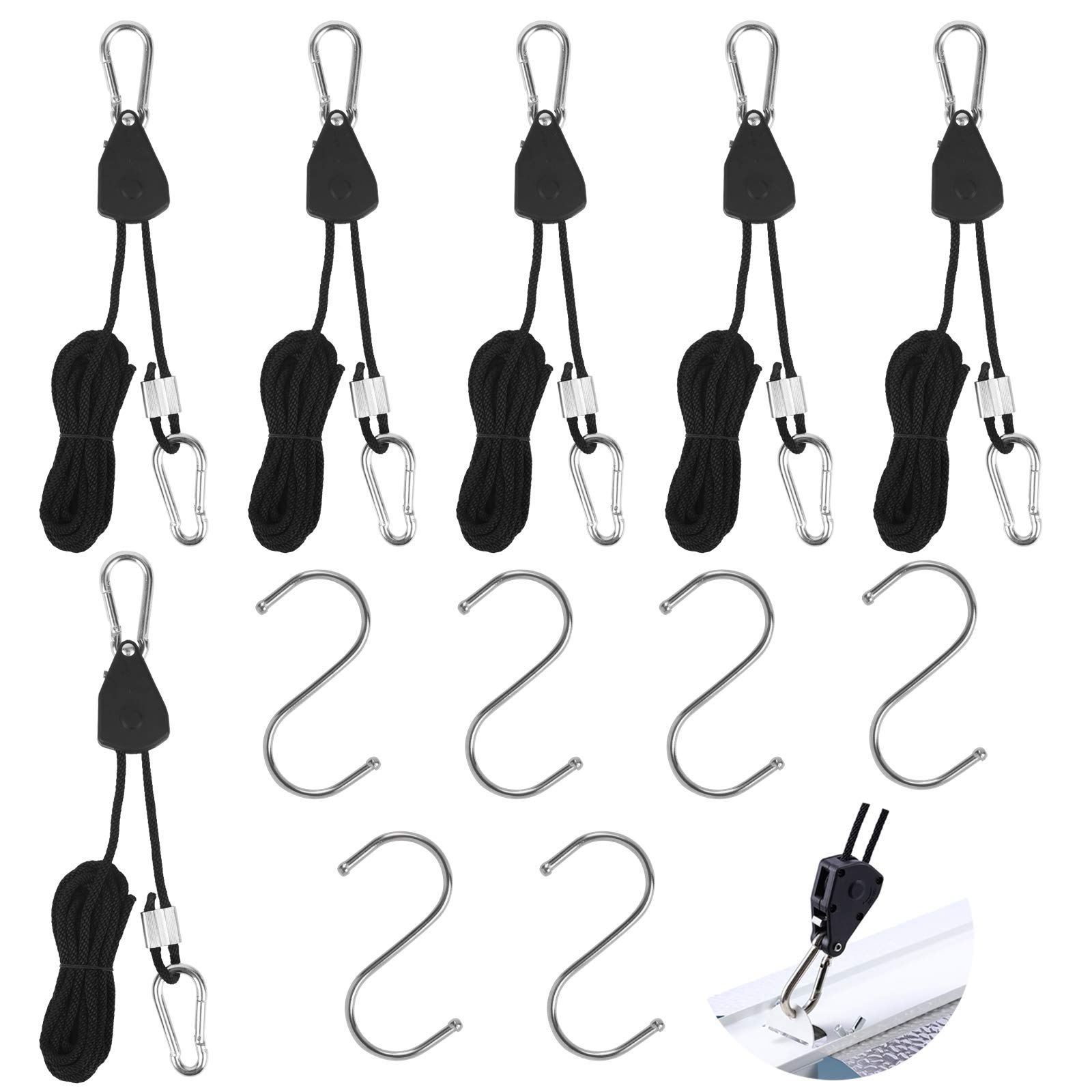 MEZOOM Rope Ratchet, 6 pieces 1/8 inch Ratchet Rope Hooks Adjustable Rope Hanger for Grow Room Equipment Plant Fan Filter Plants-Loose-Proof Design, Maximum Capacity Up to 150lbs