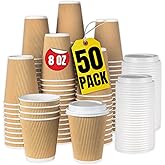 1InTheHome 8oz Disposable Coffee Cups With Lids - Insulated Paper Cups, Ripple Wall, 50 Pack
