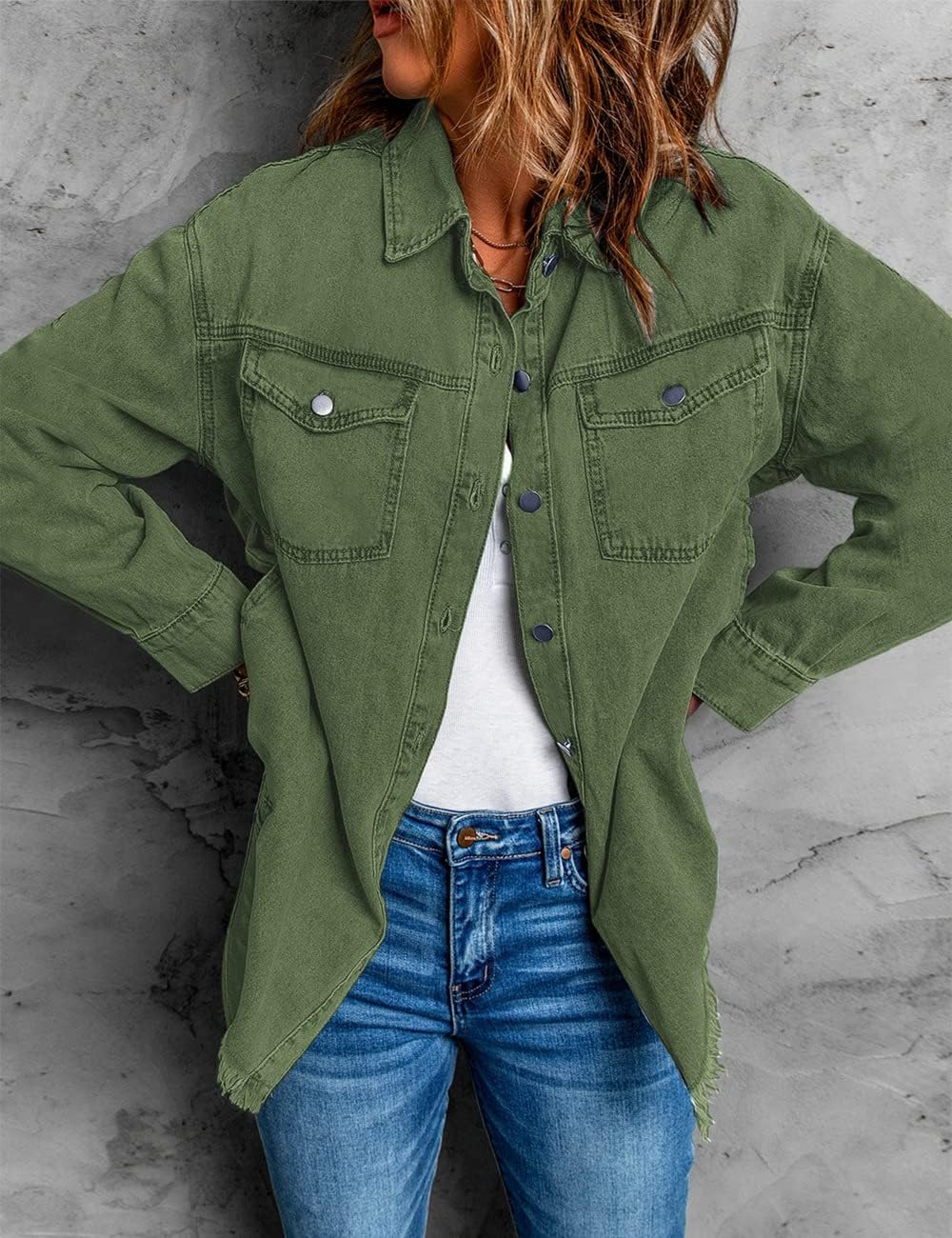 Vetinee Women’s Oversized Button Up Frayed Hem Shacket Long Sleeve Pockets Denim Jean Jacket