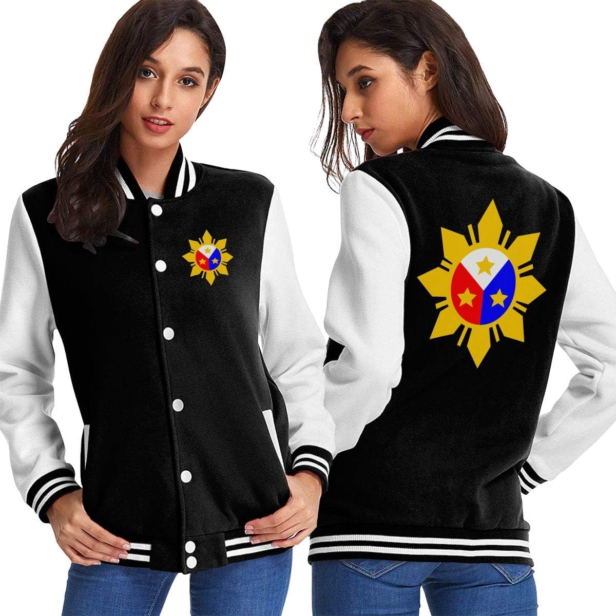 WOMh0EN Filipino Philippine Flag Women's Long Sleeve Baseball Jacket Baseball Boyfriend Jacket