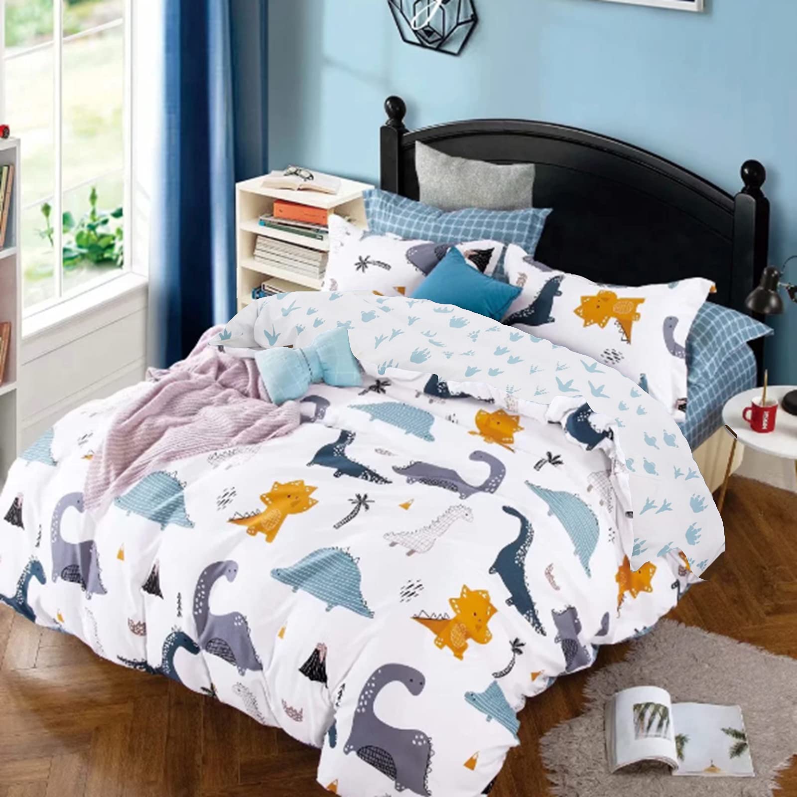 White Kids Dinosaurs Bedding Set Children Boys Animals Duvet Cover Set,2 Pillowcases with Zipper,Soft Microfiber,Double (200cm x 200cm)