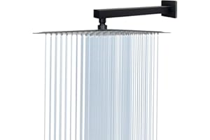 HarJue Shower Head with Extension Arm, High Pressure Square Shower Head with ShowerArm, Stainless Steel Rainfall Showerhead-Waterfall Full Body Coverage (12'' ShowerHead with 16'' Arm, Matte Black)