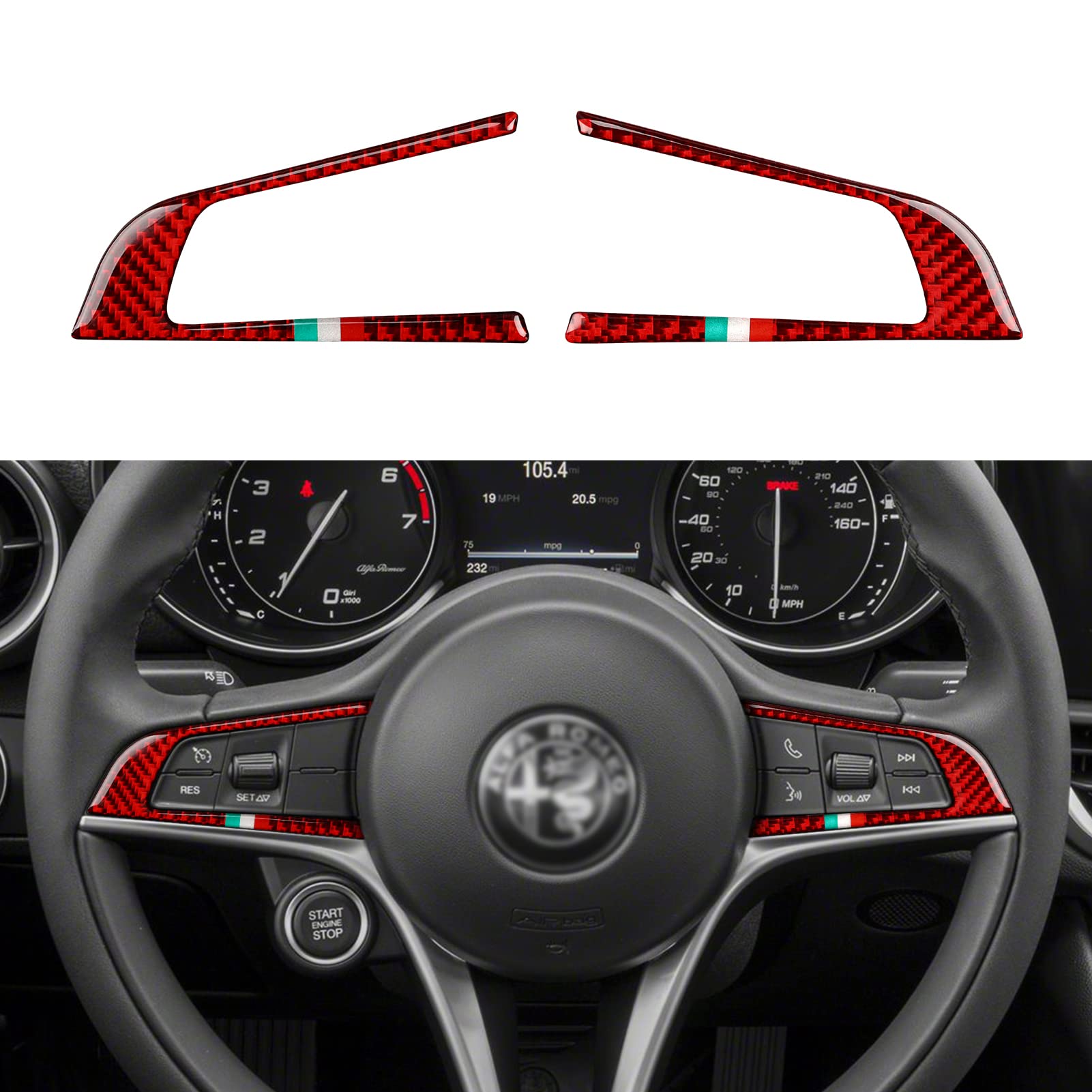 Photo 1 of 2PCS Car Steering Wheel Trim Sticker Carbon Fiber Decal Compatible with Alfa Romeo Giulia Stelvio 2017 2018 2019 Interior Accessories (Red) - Quadrifoglio NOT FIT