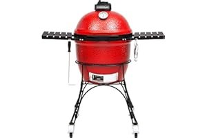 Kamado Joe® Classic Joe™ I Premium 18-inch Ceramic Charcoal Grill and Smoker in Red with Cart, Side Shelves, Grill Gripper, and Ash Tool. 250 Cooking Square Inches, 2 Tier Cooking System, Model KJ23RH