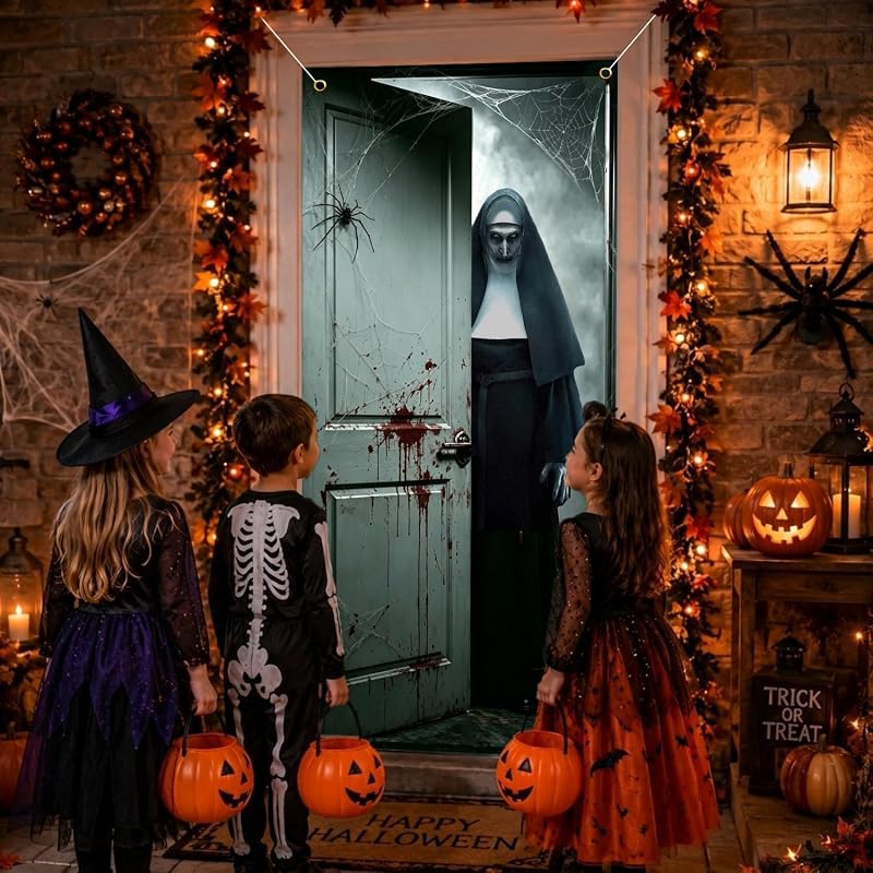 Banner de Puerta de Halloween Aterrador 180 x 90 cm, Decoración de Puerta de Horror para Fiesta (Monja Blanca)