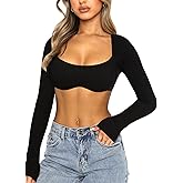 Navneet Women Long Sleeve Crop Tops Sexy Going Out Top Ribbed Corset Tops Square Neck Club Party Fall Tee Shirts