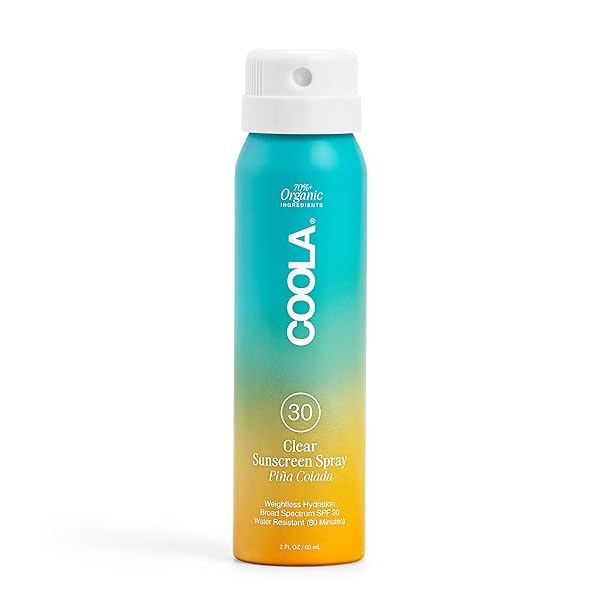 COOLA ORGANIC SUNSCREEN SPF 30 SUNBLOCK SPRAY, DERMATOLOGIST TESTED SKIN CARE FOR DAILY PROTECTION, VEGAN AND GLUTEN FREE, PIÑA COLADA, TRAVEL SIZE, 2 FL OZ