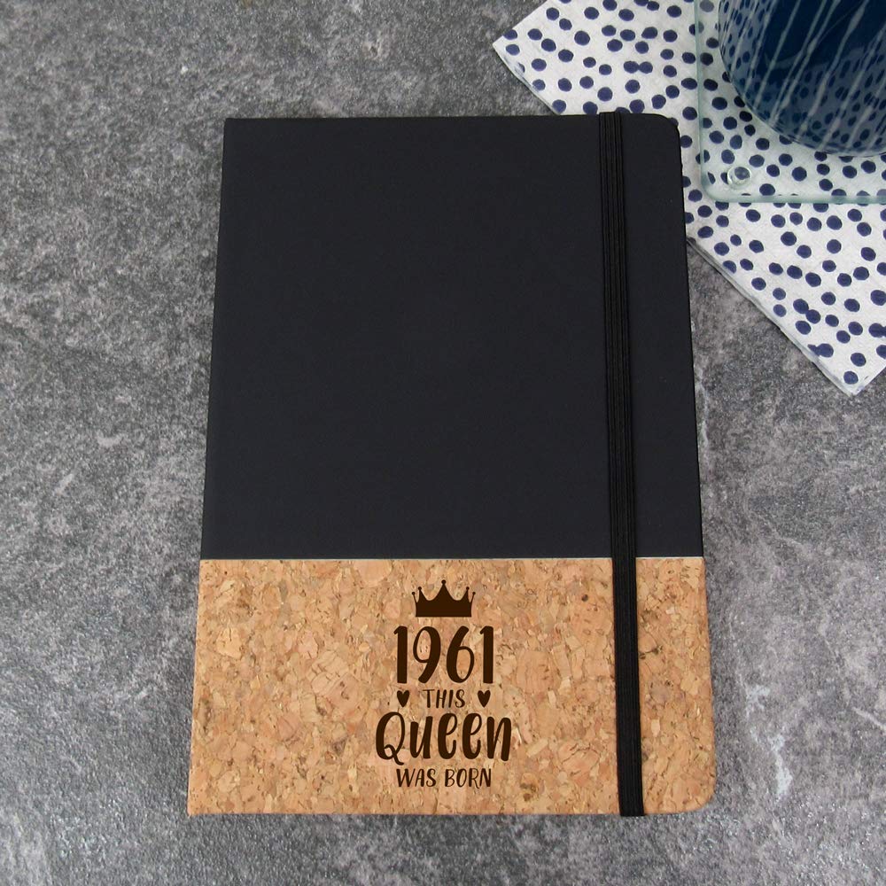 eBuyGB Notepad Engraved Black A5 Notebook-1961 This Queen was Born Design-60th Women, Her-Sixtieth Birthday Gift for Mum, Cork