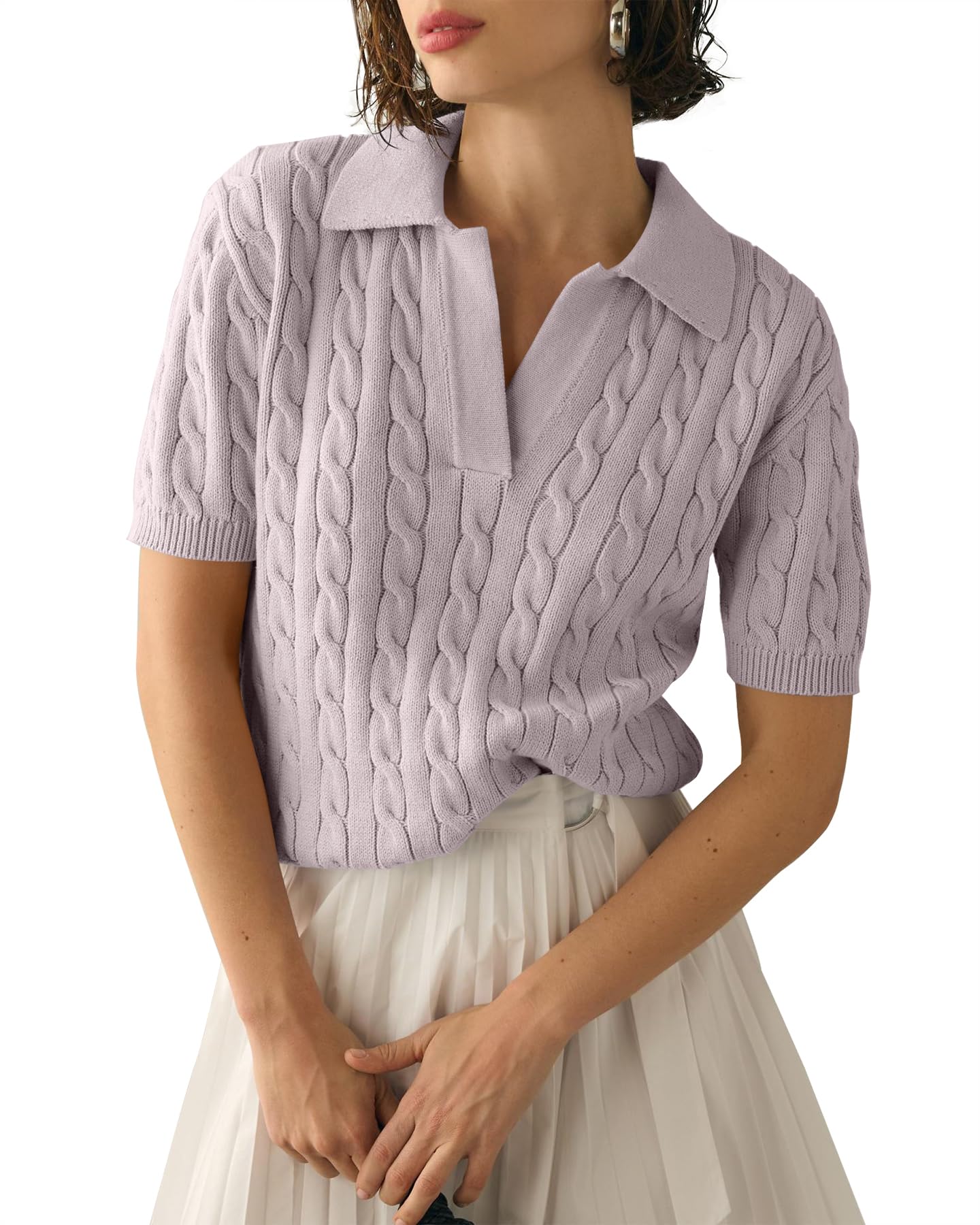 Imily Bela Women's Cable Short Sleeve Sweaters Tops
