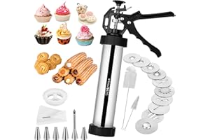 Churro Maker Machine, Cookie Maker Machine, Stainless Steel Churros Gun Kit with 6 Piping Nozzles, 9 Cookie Discs, Churro Fil