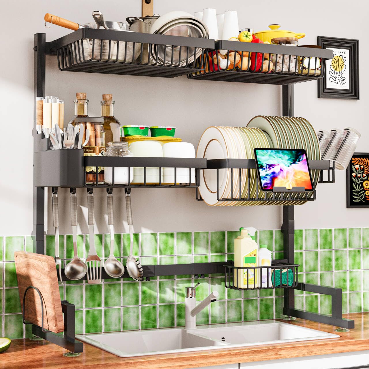 Photo 1 of 3-Tier Over Sink Dish Draining Rack, Adjustable Width and Height, with Phone Holder, Cup Holder, Knife and Chopstick Holder, Cutting Board Rack, Space-Saving Rack